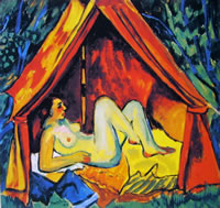 Max Pechstein: Donna nuda che riposa sotto una tenda rossa, anno 1911, tecnica a olio su tela, 70 x 80 cm., Collezione privata, Milano.